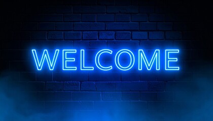 Blue neon welcome sign glowing brightly on a dark textured brick wall background
