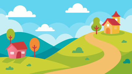 Blue summer sky over a green mountain landscape with a house on the hill and a winding road through the fields