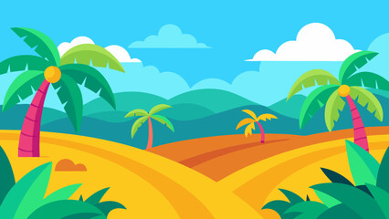 Obraz premium Tropical summer beach scene with palm trees, sun, and ocean waves, perfect for a relaxing island vacation