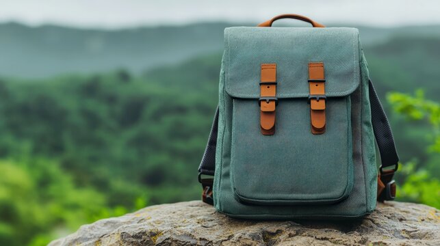Well equipped backpack rests on a rocky outcrop, surrounded by lush greenery, ideal for wildlife photography and travel enthusiasts - Powered by Adobe