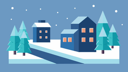 Fototapeta premium A magical Christmas night in a snow-covered village, featuring cozy houses and festive trees under a starlit winter sky, perfect for a holiday card illustration