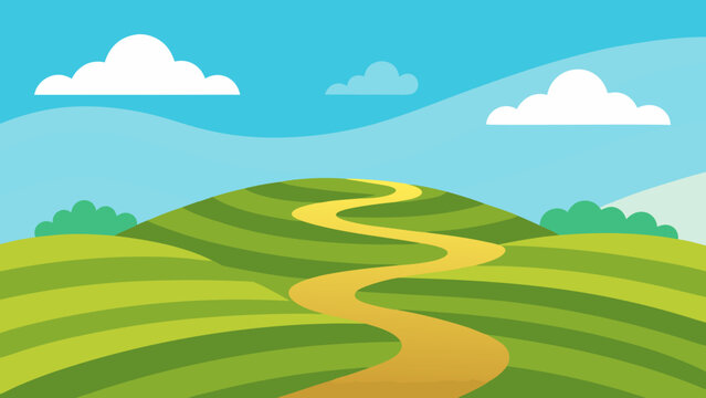 Green summer landscape with a blue sky and rolling hills