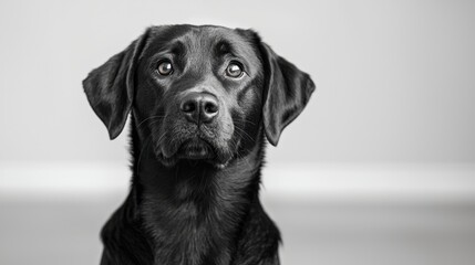 Black labrador retriever posing for a black and white pet portrait in a modern studio with elegant lighting and ample copy space