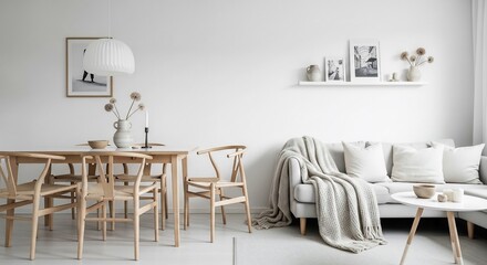 Minimalist Interior: Dining Table, Sofa, and Decor in Neutral Tones