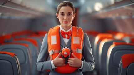 Flight attendant demonstrates safety procedures inside an aircraft cabin during pre-flight preparations