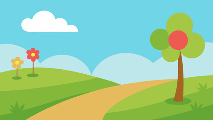 Fototapeta premium Vibrant summer landscape with green trees, a winding road, and a blue sky with white clouds over rolling hills and a sun-kissed meadow