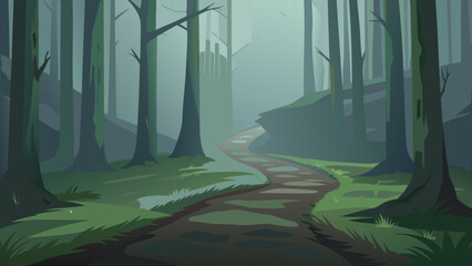 A misty morning in the forest, with sunlight filtering through trees and fog creating a mystical landscape