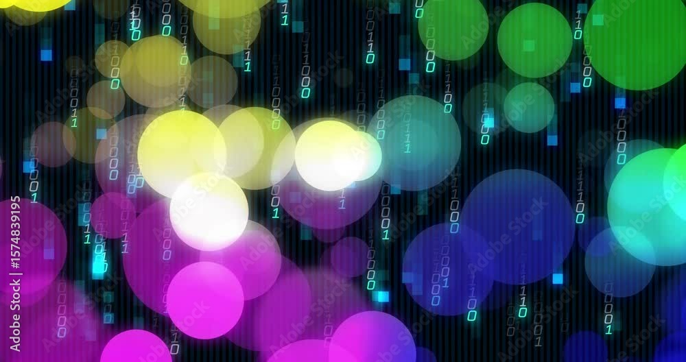 Poster Upon start backdrop showing streaming binary code and drifting colored circles layering interface