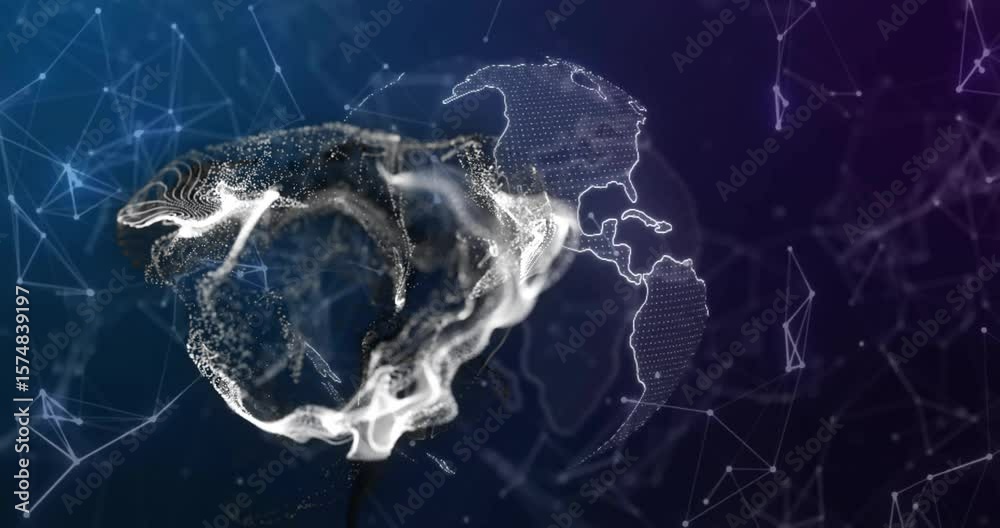 Poster abstract white mesh appearing, pulsating and wrapping rotating globe to show network integration