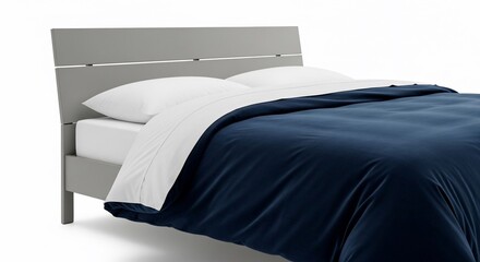 Modern Bed with Gray Frame and Navy Blue Velvet Bedding