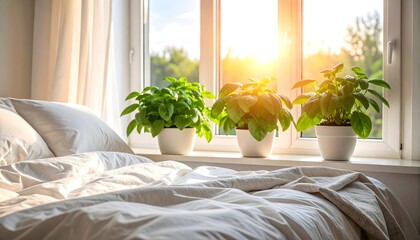 Sunlit Bedroom with Fresh Green Potted Plants on Window Sill