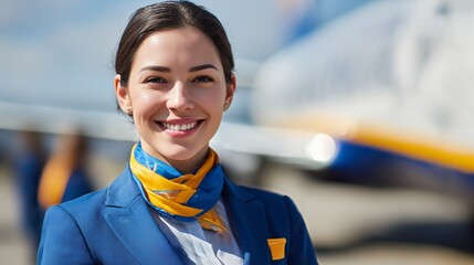 Smiling female flight attendant in uniform at the airport on a sunny day ready for departure