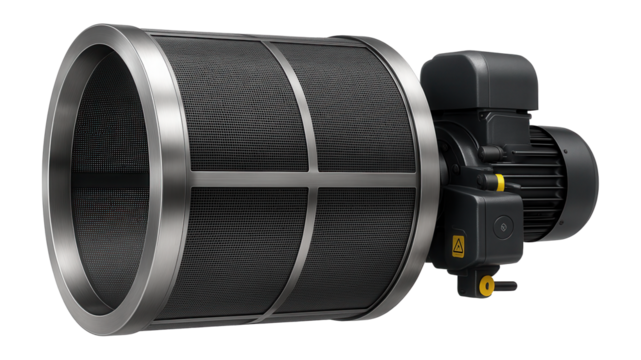 Rotary drum screen with fine mesh panels and a motorized drive for a paper mill effluent treatment plant.