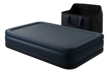 Raised air bed with reinforced edges and carry case for hotel stays