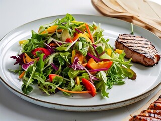 Grillteller mit saftigem Fleisch und gro&szlig;er Gem&uuml;se- / Salatbeilage