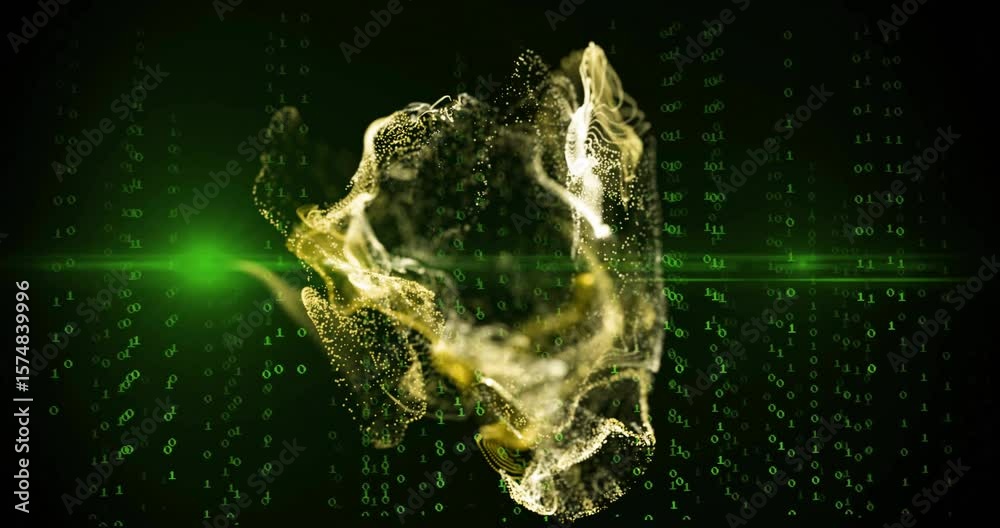 Poster compact golden particle cloud emerging, twisting into rotating ring showing digital code flow