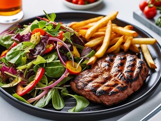 Grillteller mit saftigem Fleisch und gro&szlig;er Gem&uuml;se- / Salatbeilage