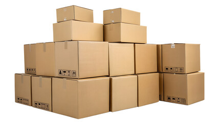 Stack of brown cardboard boxes for shipping and storage isolated PNG with Transparent Background