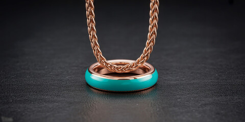 Elegant rose gold ring with turquoise inlay and braided chain