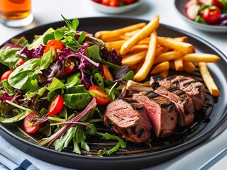 Grillteller mit saftigem Fleisch und gro&szlig;er Gem&uuml;se- / Salatbeilage