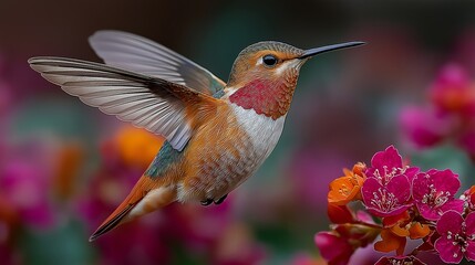 Fototapeta premium Colorful hummingbird flits among vibrant flowers in a sunlit garden during a serene afternoon
