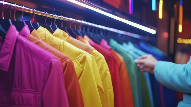 Bright colorful jackets hanging on a clothing rack in a trendy fashion store, illuminated by neon lights, creating a modern and vibrant shopping atmosphere