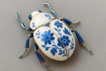 Elegant Porcelain Beetle Jewelry with Cobalt Floral Patterns and Gold Accents on Soft Gray Background – Close-Up Artistic Composition in Dreamy Lighting – Generative AI