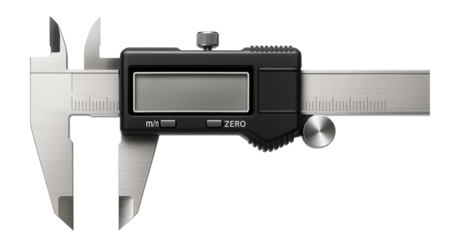Digital caliper with an LCD display and stainless steel body for precise measurement in a machine tool factory