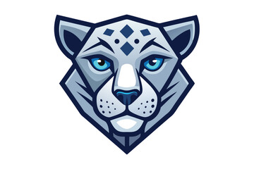 Bold snow leopard head with piercing blue eyes stares intensely at the viewer