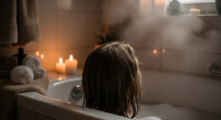 Serene Bath: Woman Relaxing in Candlelit Steam, Warmth and Tranquility