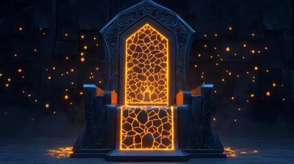 A stunning glowing throne crafted from ornate stone, set in an enchanting dark environment with sparks of light.