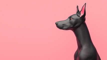 A sleek black dog portrait against a vibrant pink background, showcasing elegance and beauty in a unique setting.