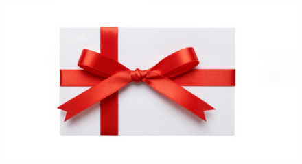 White Card with Red Ribbon Bow Against White Background, Symbolizing Elegance, Celebration, and Festive Simplicity.
