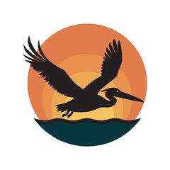 Pelican Flying Over Ocean At Sunset