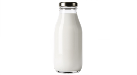 Transparent Glass Bottle with Creamy Liquid and Metallic Cap Against White Background, Symbolizing Purity, Freshness, and Timeless Design