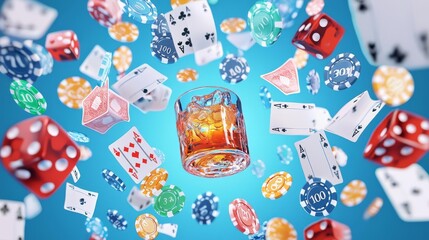 A dynamic composition of casino elements like dice, cards, and whiskey glass creating an exciting gaming atmosphere.