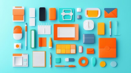 Colorful stationery and office supplies arranged neatly on a blue background for creative workspace inspiration.