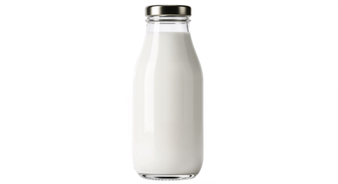 Transparent Glass Bottle with Creamy Liquid and Metallic Cap Against White Background, Symbolizing Purity, Freshness, and Timeless Design