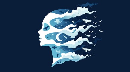 A surreal illustration of a woman's profile, blending nature and emotion in a captivating blue color scheme.