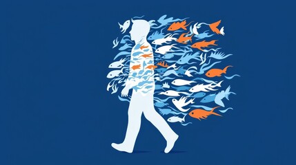 A stylized illustration of a person walking amidst vibrant, flowing fish, symbolizing connection to nature.