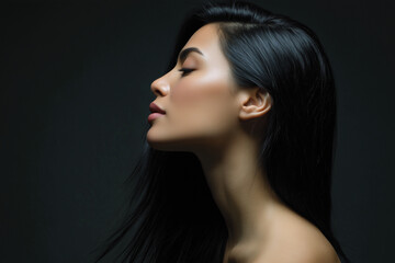 Fototapeta premium Elegant young woman with smooth skin and long black hair posing in profile against dark background