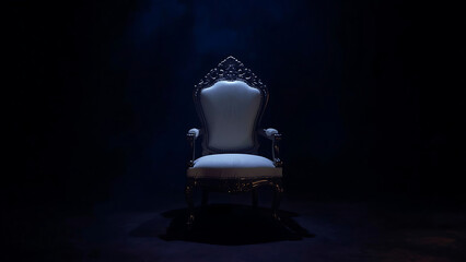 The luxurious seat of the chair is white. In the dark and mysterious room, the surrounding darkness tells of secrets and stories that have never been told before.
