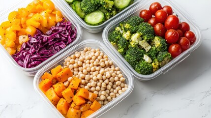 Plastic containers filled with organic vegetables, grains, and legumes, creating colorful and healthy meal preps on a marble countertop