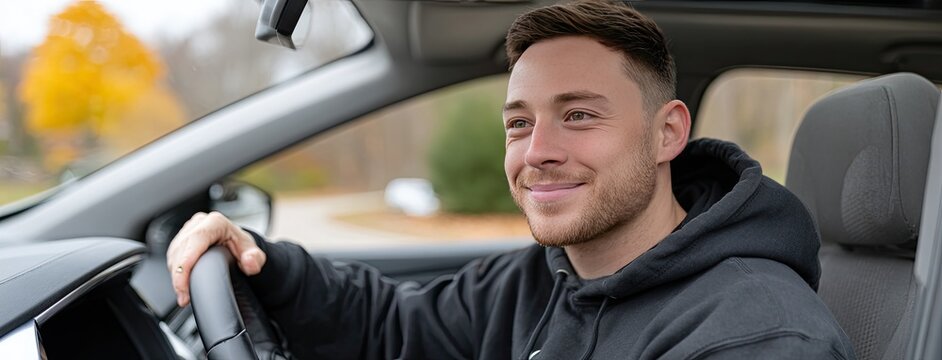 Smiling young man sits in the driver s seat of a car, surrounded by vibrant autumn trees and natural light - Powered by Adobe