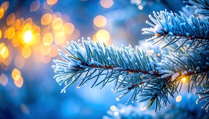 Snow-Dusted Evergreen Needles with Warm Christmas Bokeh Lights