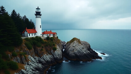 A lighthouse with red roofed buildings stands on a rocky coastal cliff, surrounded by trees, overlooking a calm sea under a cloudy sky.