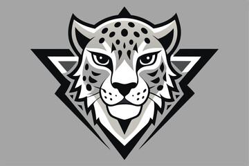 Obraz premium Spotted snow leopard's face peers out from the layered geometric shape on gray background