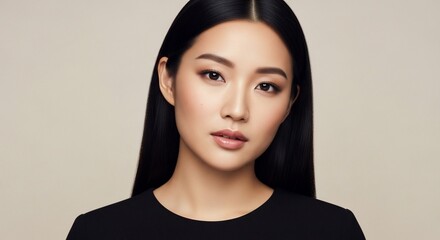 Striking Portrait of an Asian Woman with Sleek Black Hair and Subtle Makeup