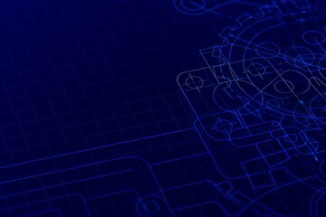 Obraz premium Detailed Technical Blueprint on Deep Blue Backdrop, Features Engineering Diagrams with Lines, Circles, and Grid Patterns for Abstract Industrial Design