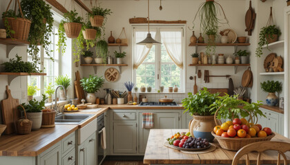 Cozy kitchen filled with organic food and plants showcases slow movement in vibrant atmosphere